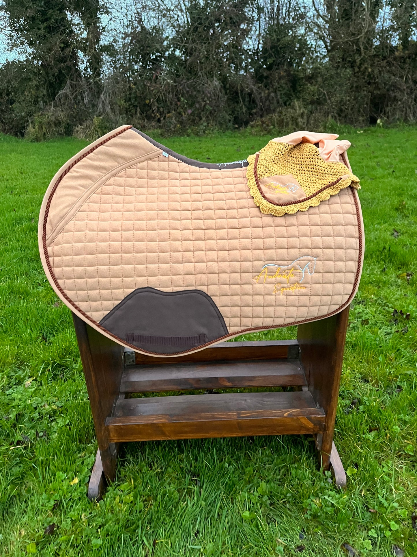 Caramel Suede Saddle Pad & Fly Bonnet Set