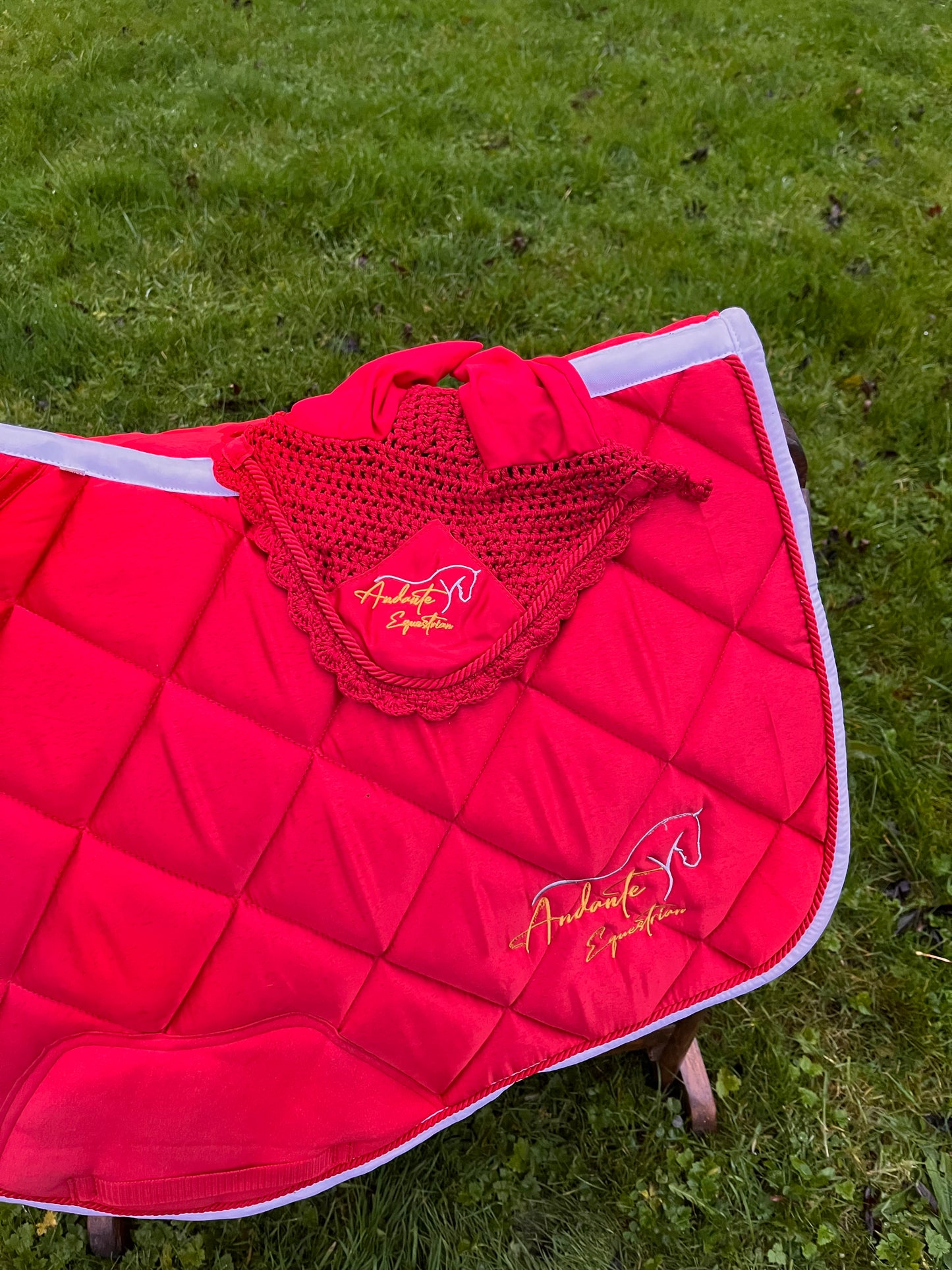 Ruby Red Satin Saddle Pad & Fly Bonnet Set