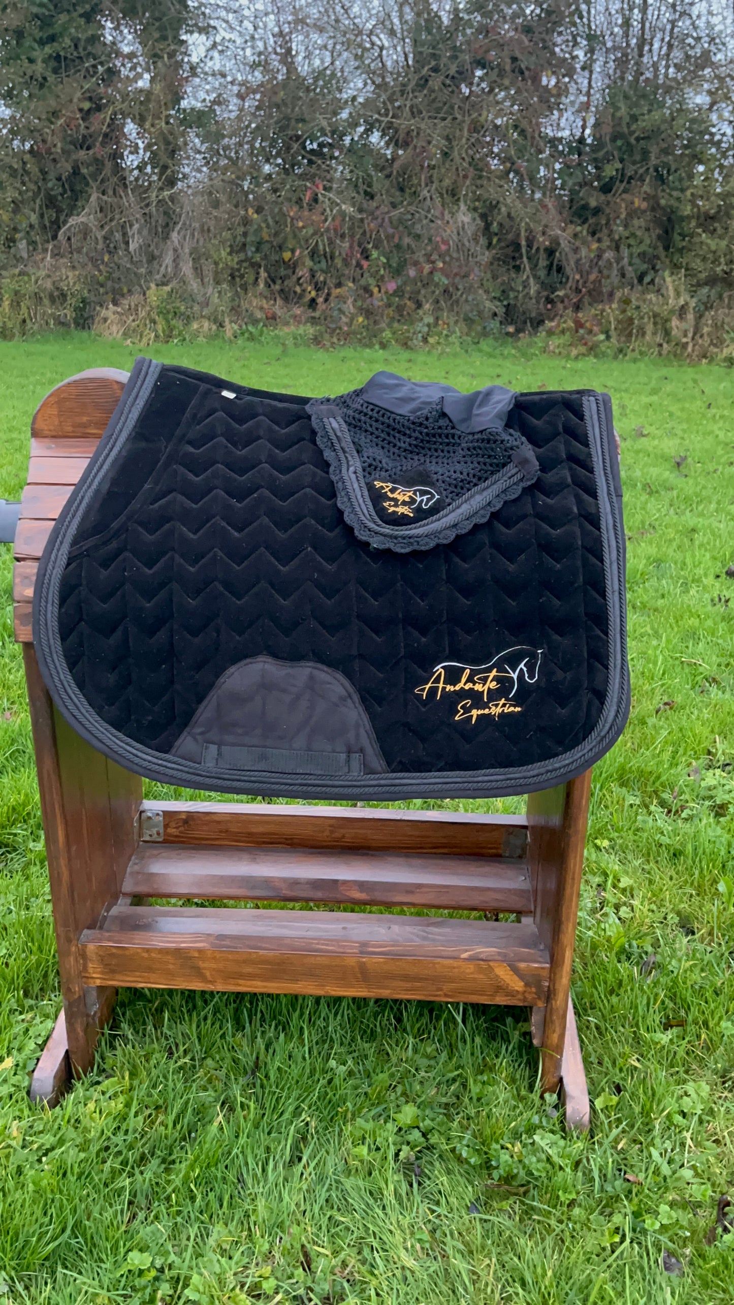 Black Velvet & Glitter Saddle Pad & Fly Bonnet Set