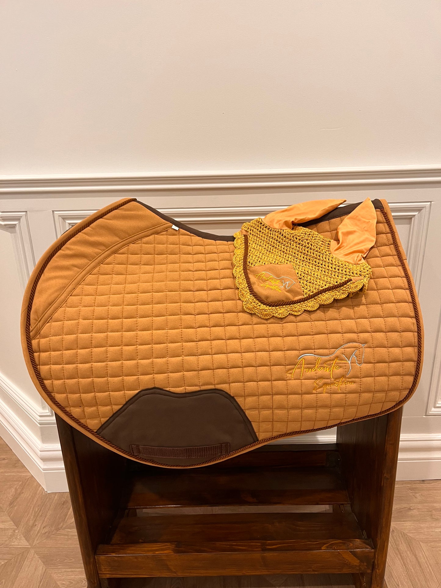 Caramel Suede Saddle Pad & Fly Bonnet Set