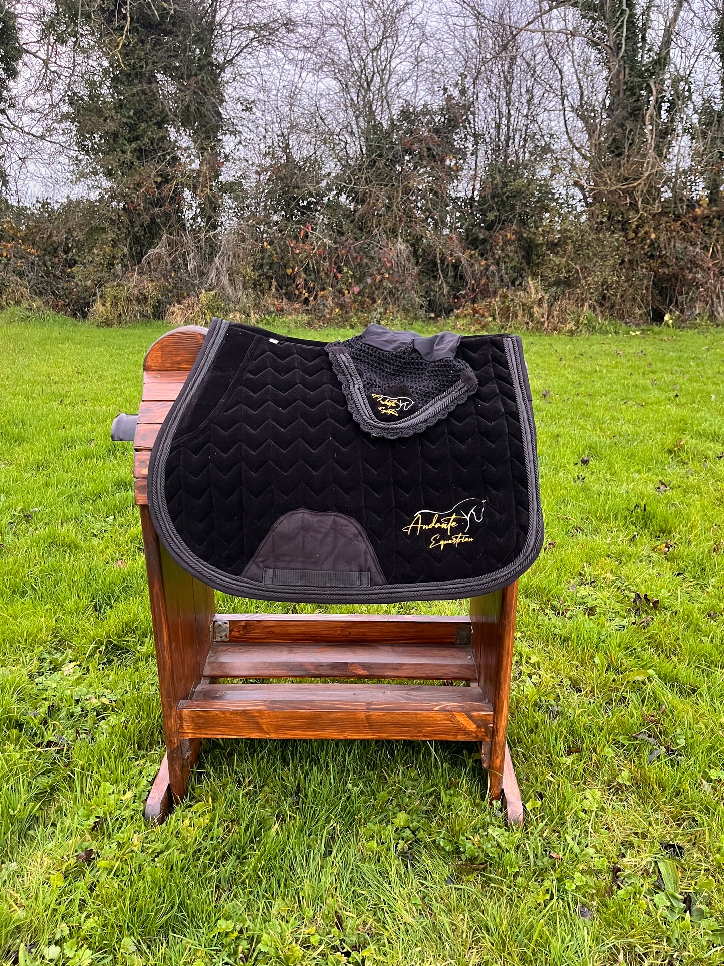 Black Velvet & Glitter Saddle Pad & Fly Bonnet Set