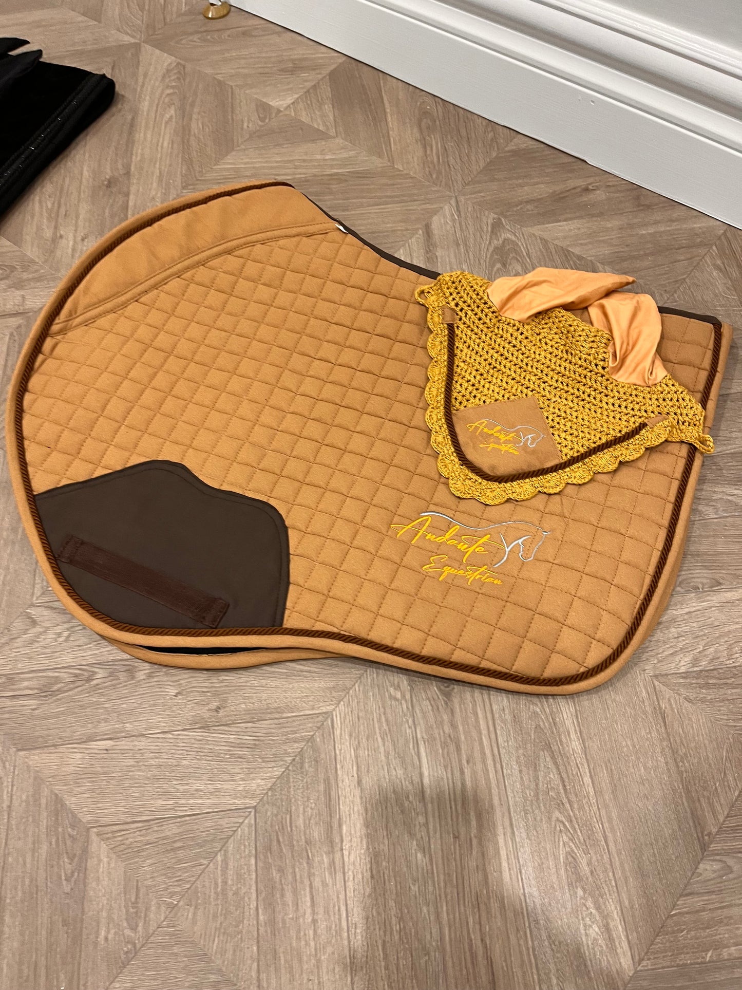 Caramel Suede Saddle Pad & Fly Bonnet Set