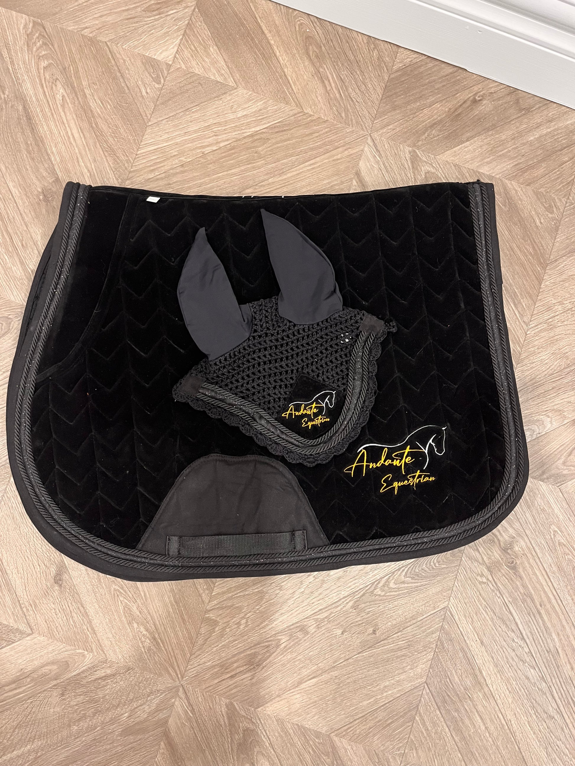 Black velvet & glitter general purpose style saddle pad with matching fly veil made from cotton