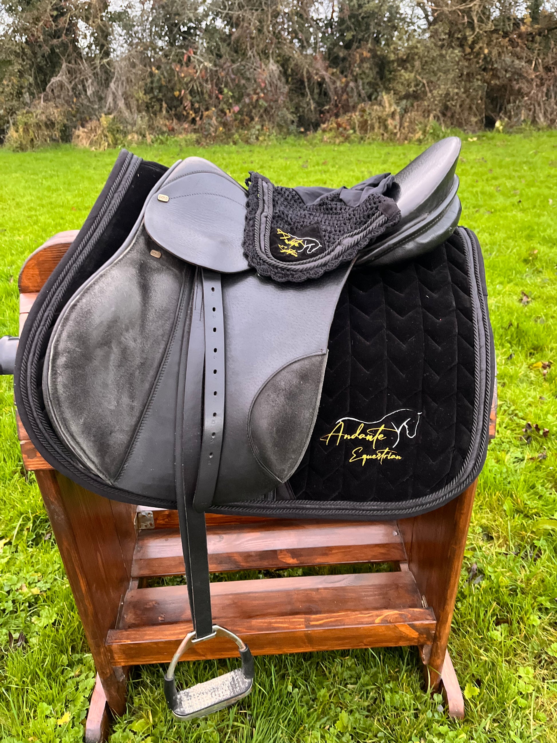 Black velvet and glitter saddle pad and fly veil styled on a gp saddle