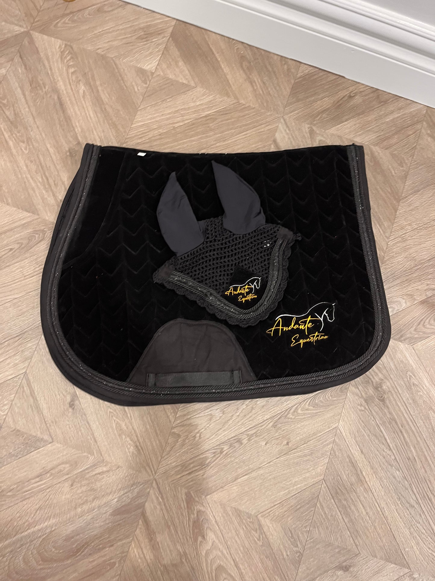 Black Velvet & Glitter Saddle Pad & Fly Bonnet Set