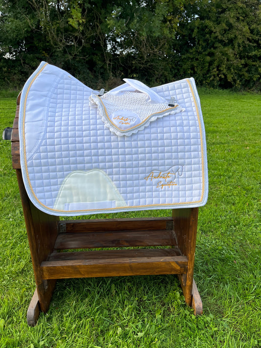 White Competition Dressage Saddle Pad & Bonnet Set