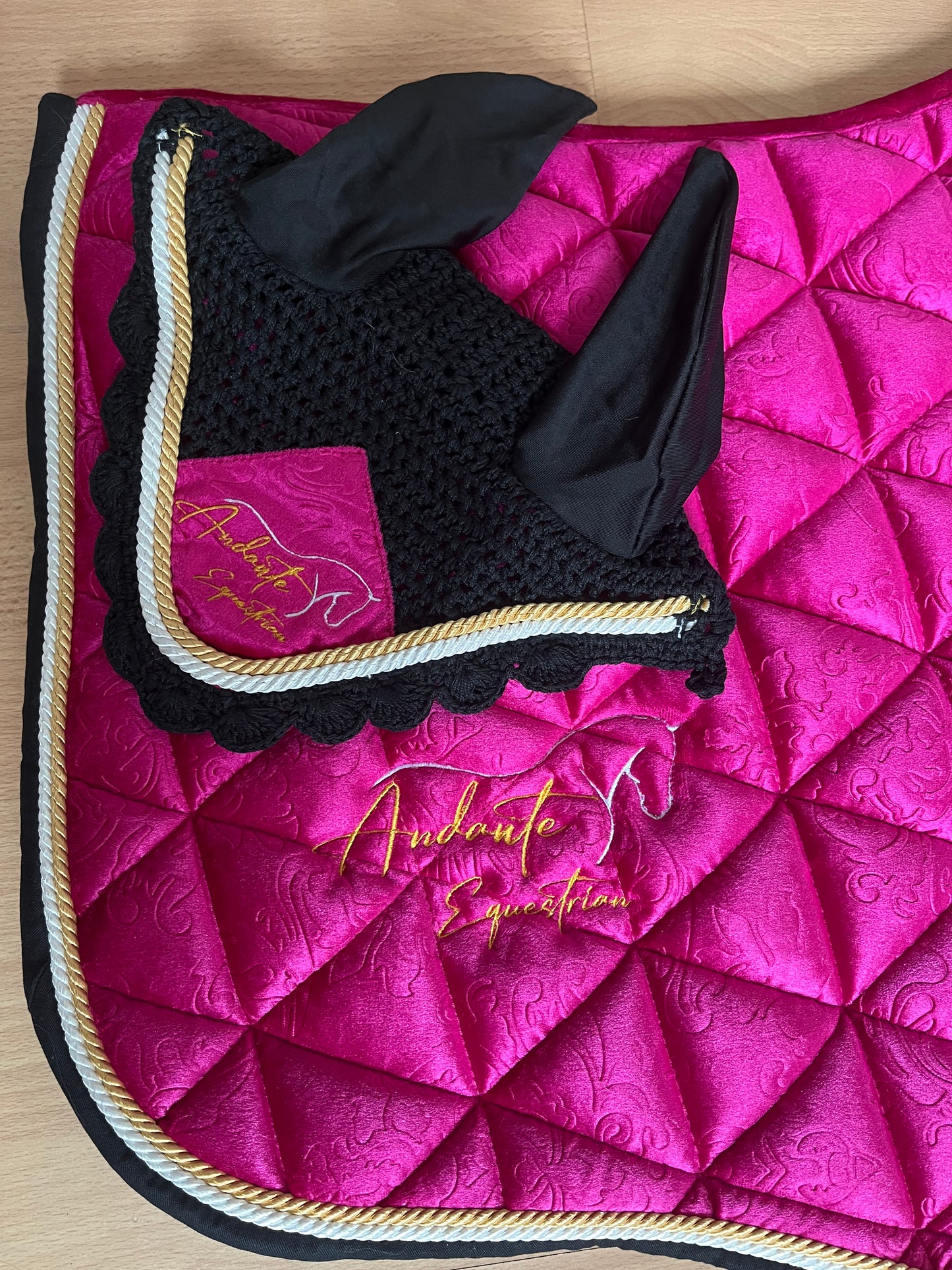 Magenta Pink Velvet Saddle Pad & Fly Bonnet Set