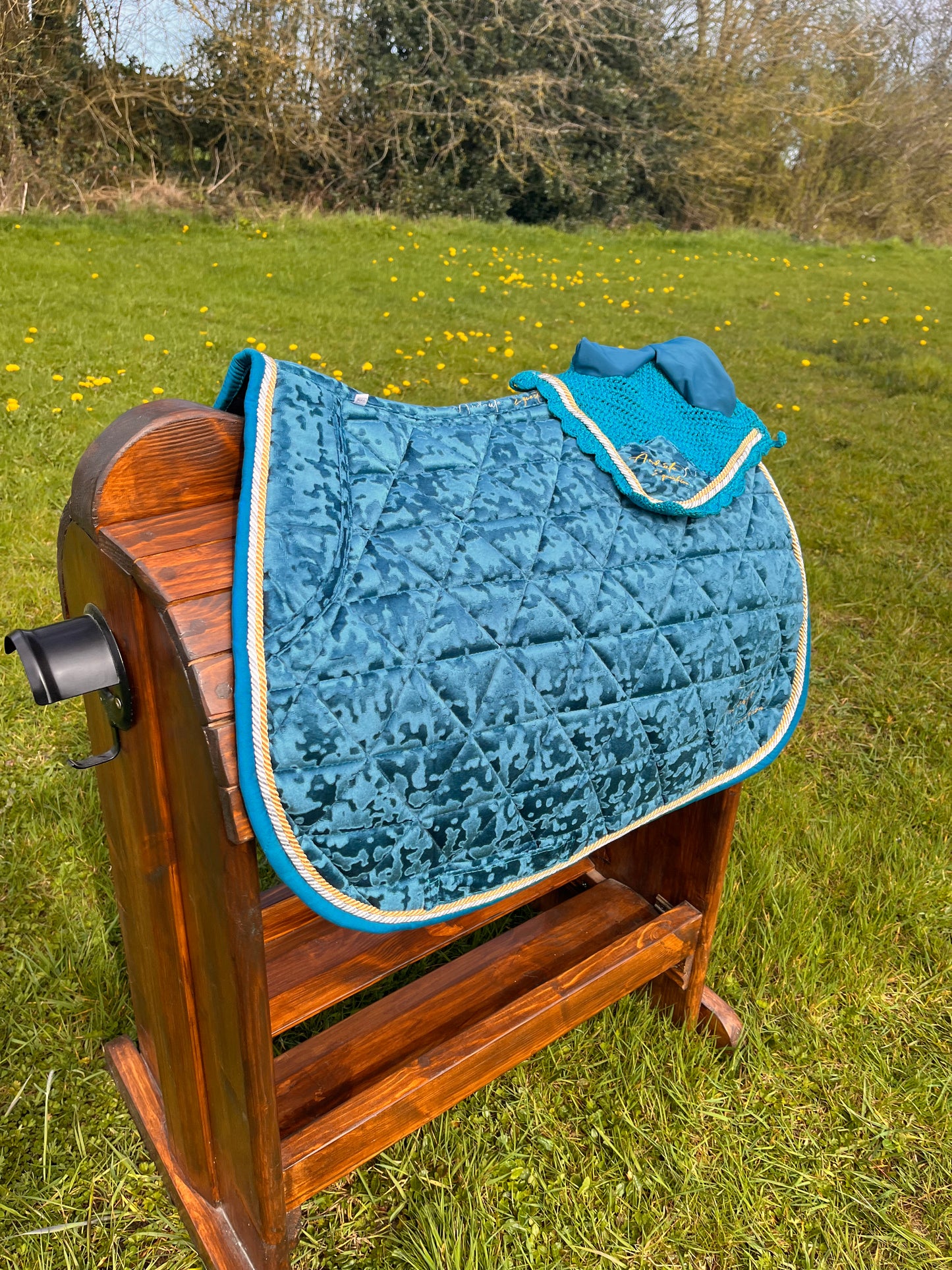 Teal Velvet Saddle Pad & Fly Bonnet Set