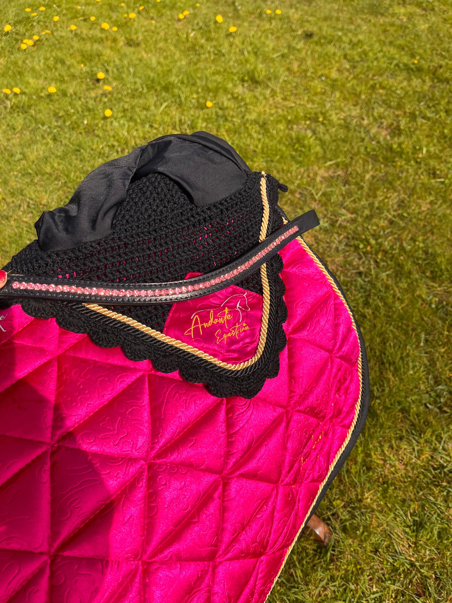 Magenta Pink Velvet Saddle Pad & Fly Bonnet Set