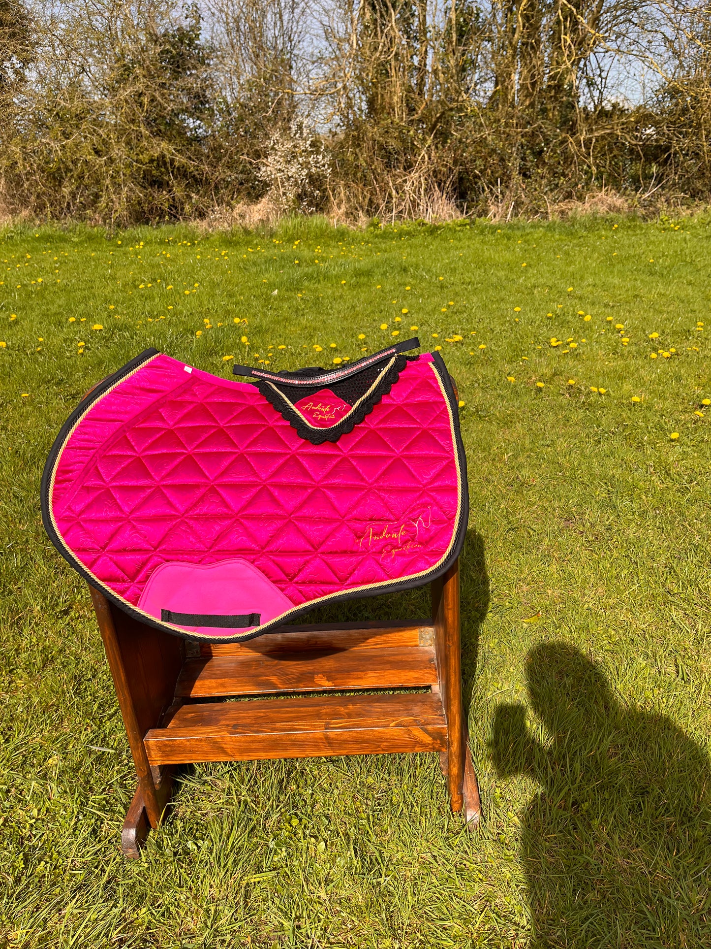 Ultimate Magenta Pink Velvet Set - Saddle pad, Fly Bonnet & Crystal Browband