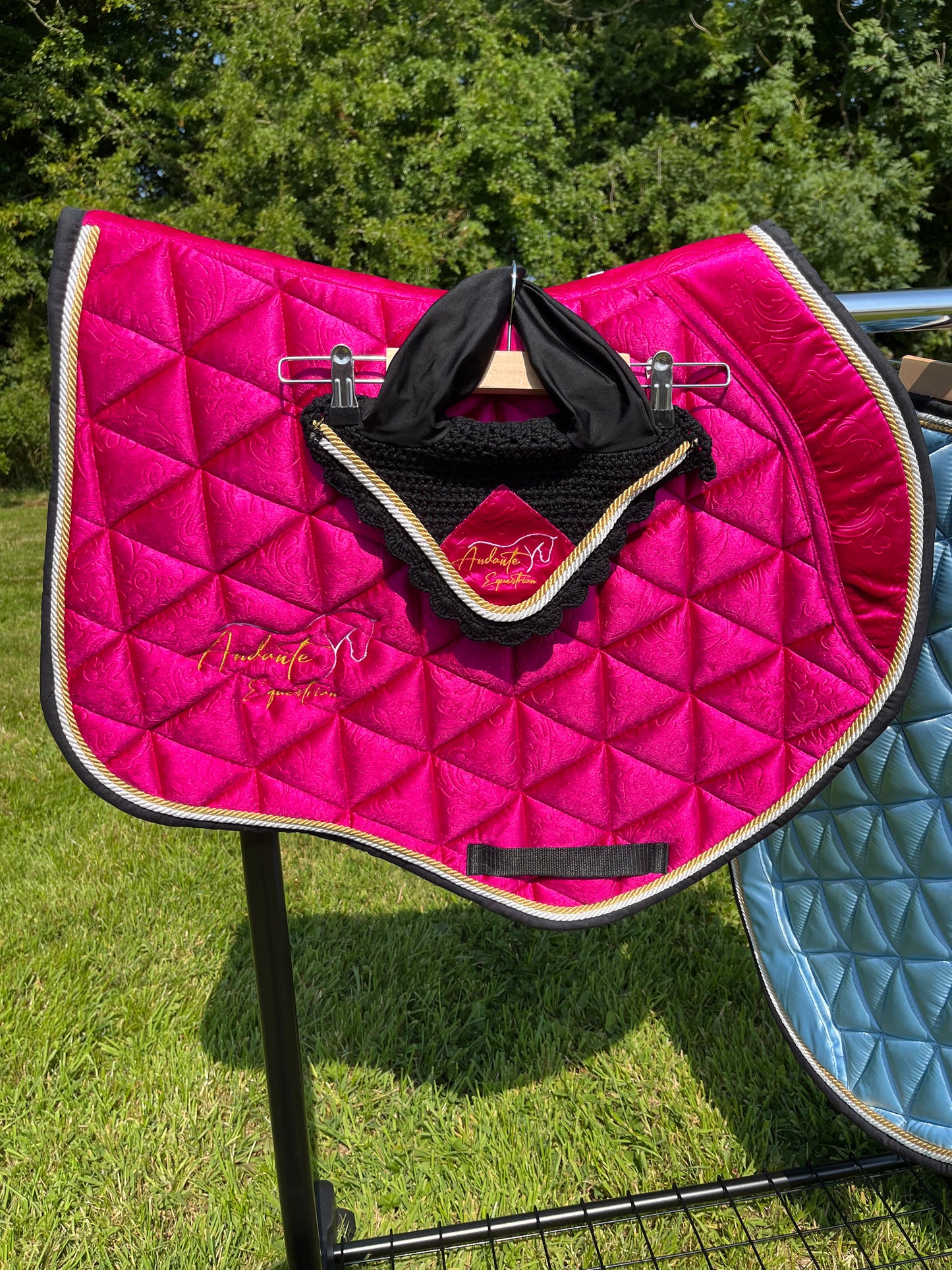 Magenta Pink Velvet Saddle Pad & Fly Bonnet Set