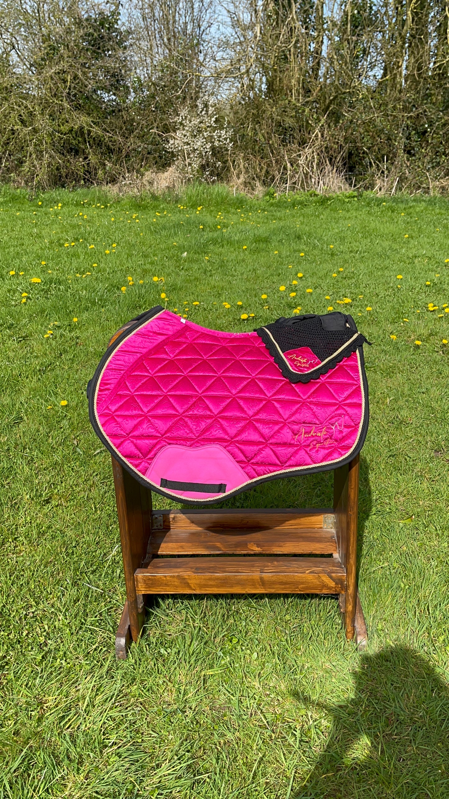 Ultimate Magenta Pink Velvet Set - Saddle pad, Fly Bonnet & Crystal Browband