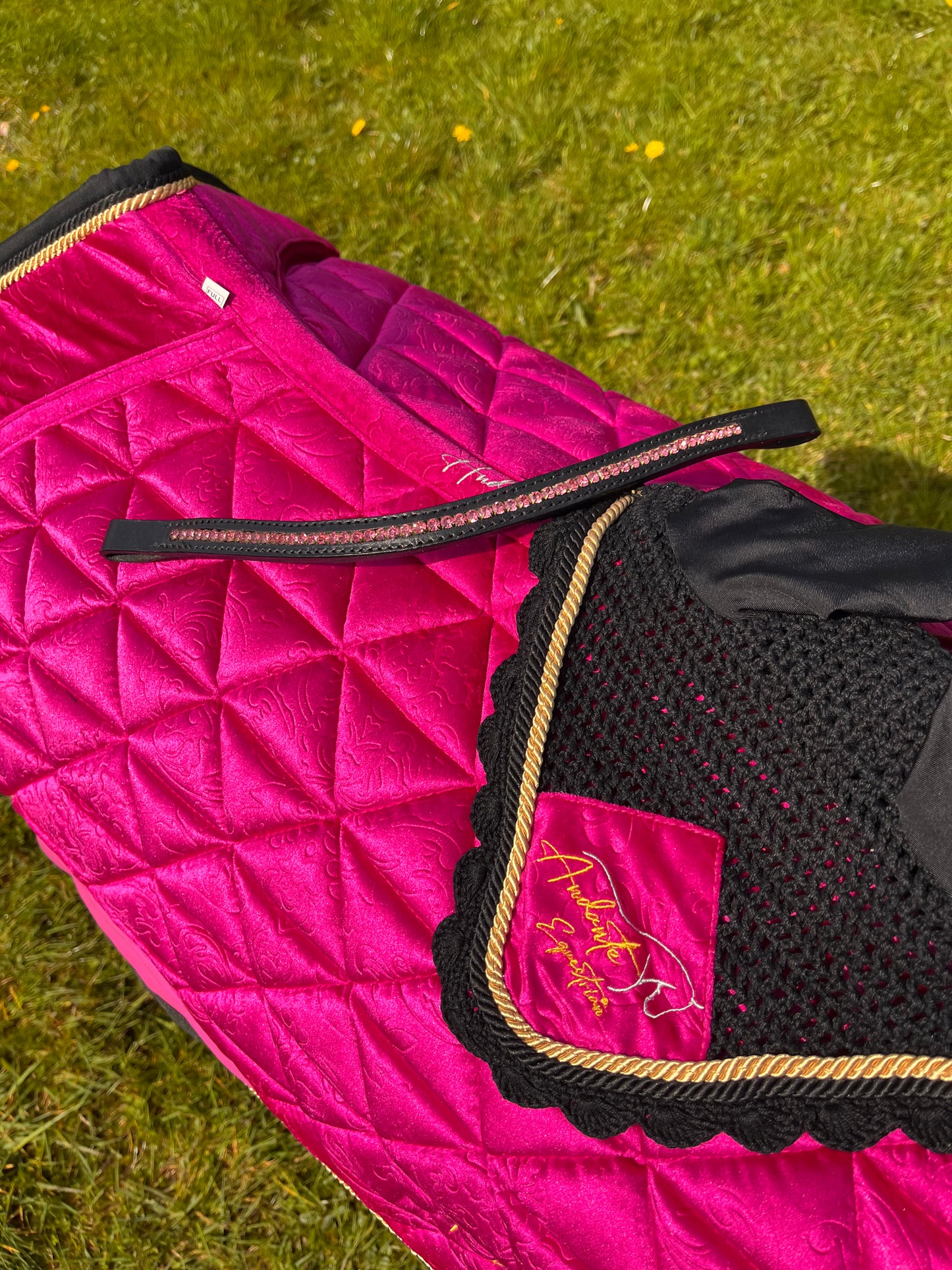 Ultimate Magenta Pink Velvet Set - Saddle pad, Fly Bonnet & Crystal Browband