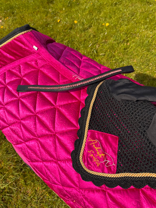 Ultimate Magenta Pink Velvet Set - Saddle pad, Fly Bonnet & Crystal Browband