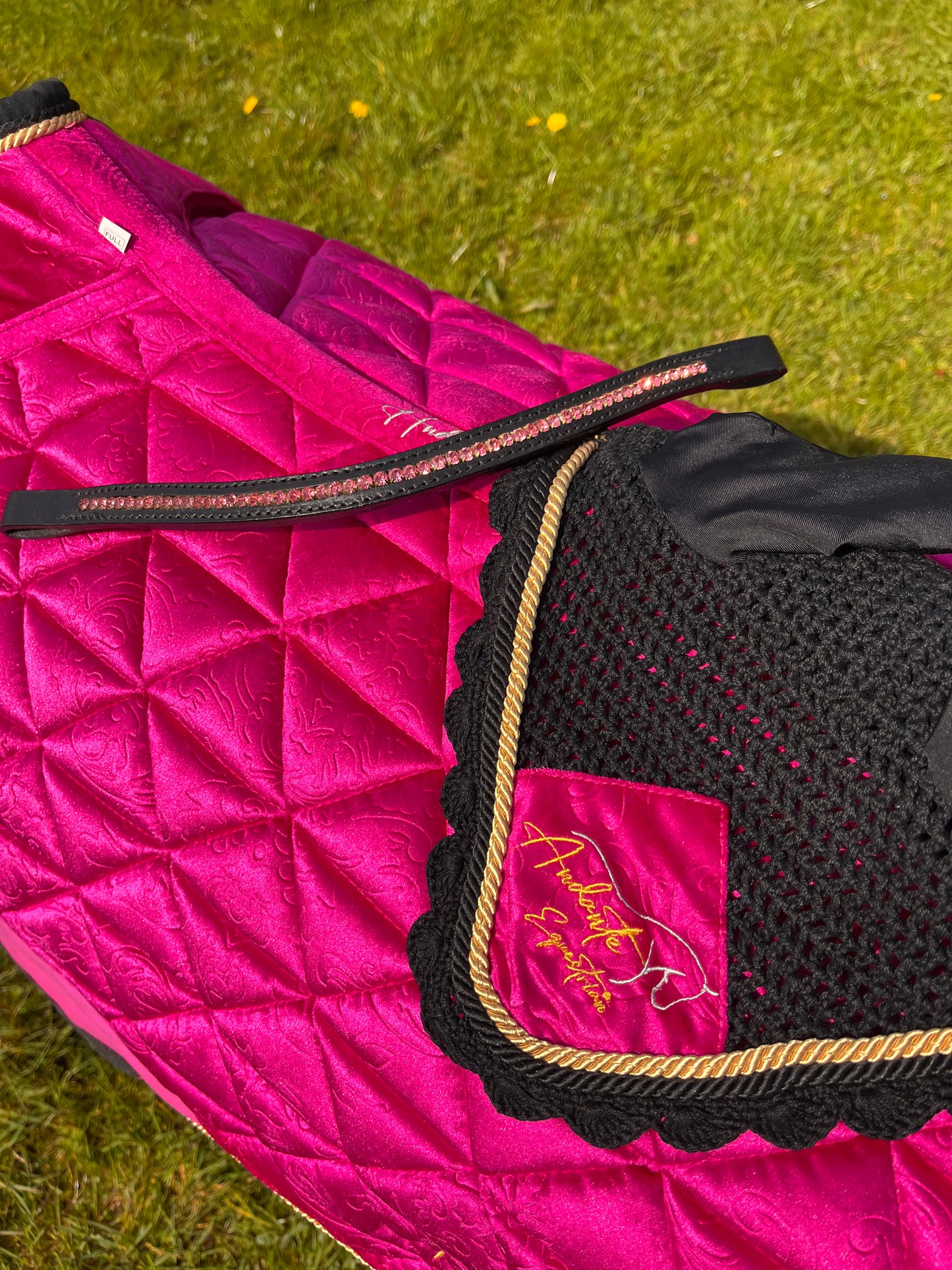 Magenta Pink Velvet Saddle Pad & Fly Bonnet Set