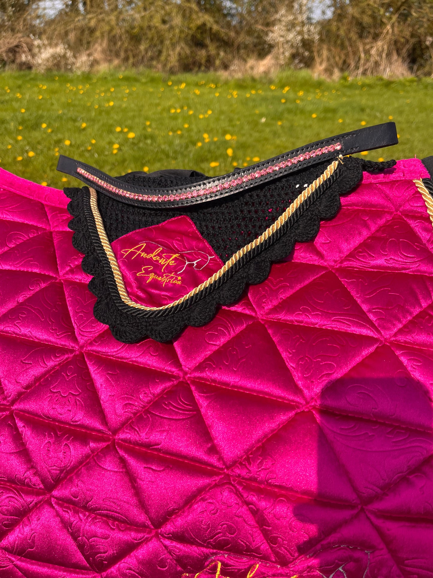 Ultimate Magenta Pink Velvet Set - Saddle pad, Fly Bonnet & Crystal Browband