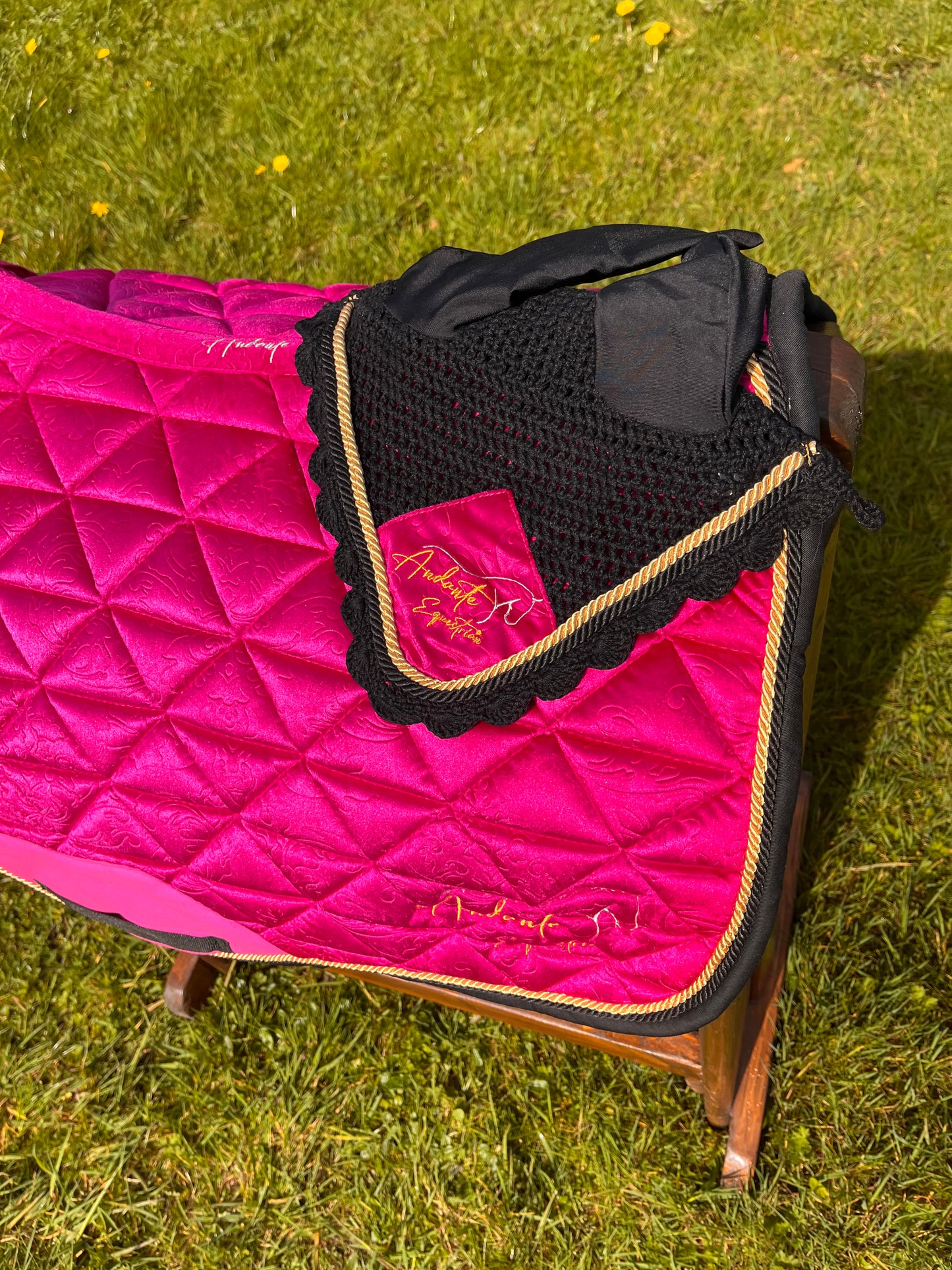 Magenta Pink Velvet Saddle Pad & Fly Bonnet Set