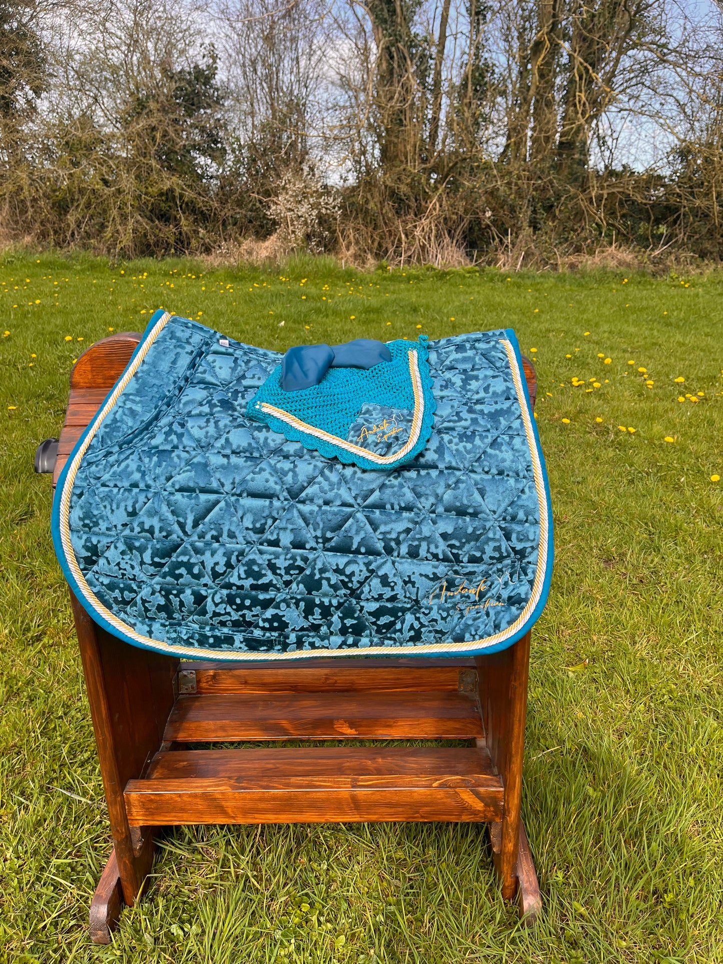 Teal Velvet Saddle Pad & Fly Bonnet Set