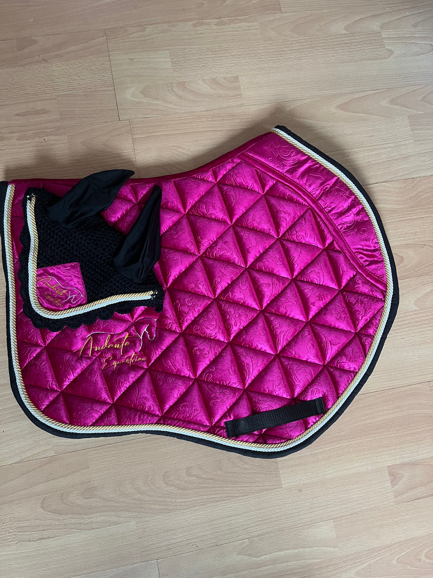 Magenta Pink Velvet Saddle Pad & Fly Bonnet Set