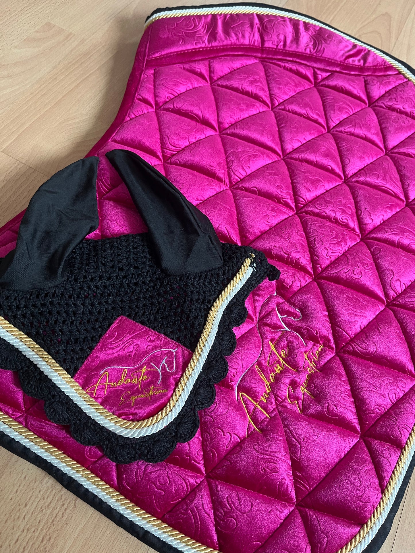 Magenta Pink Velvet Saddle Pad & Fly Bonnet Set