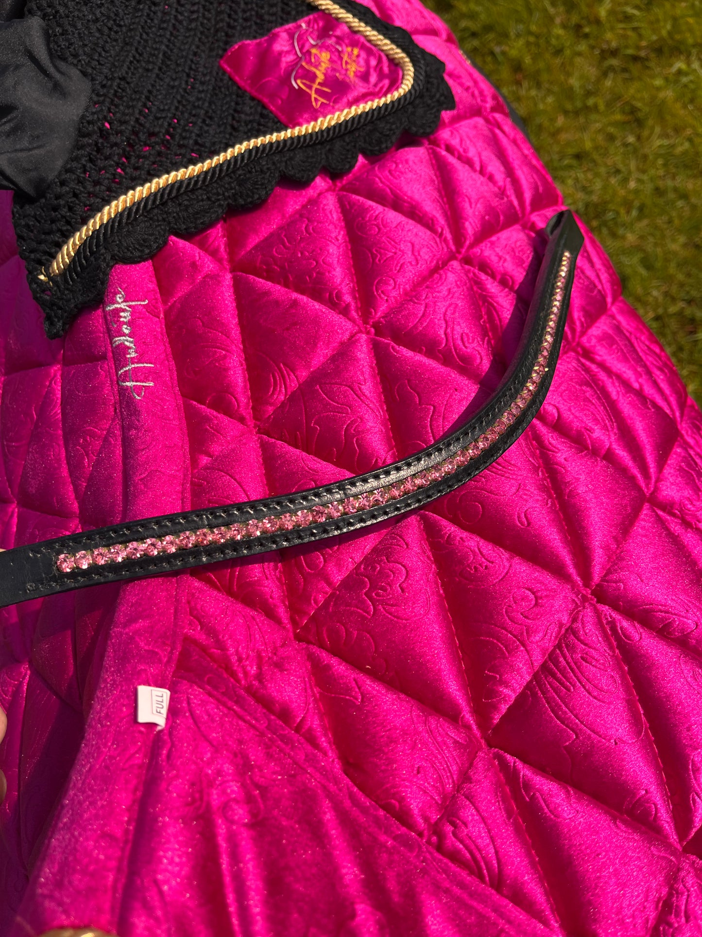 Ultimate Magenta Pink Velvet Set - Saddle pad, Fly Bonnet & Crystal Browband