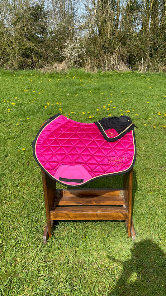 Magenta Pink Velvet Saddle Pad & Fly Bonnet Set