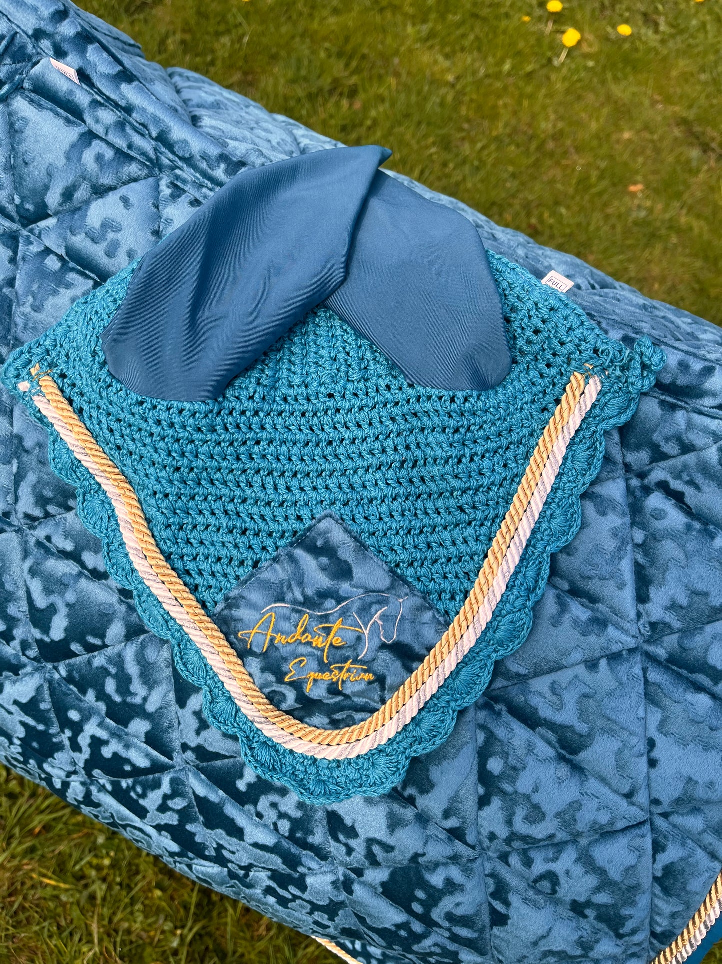 Teal Velvet Saddle Pad & Fly Bonnet Set